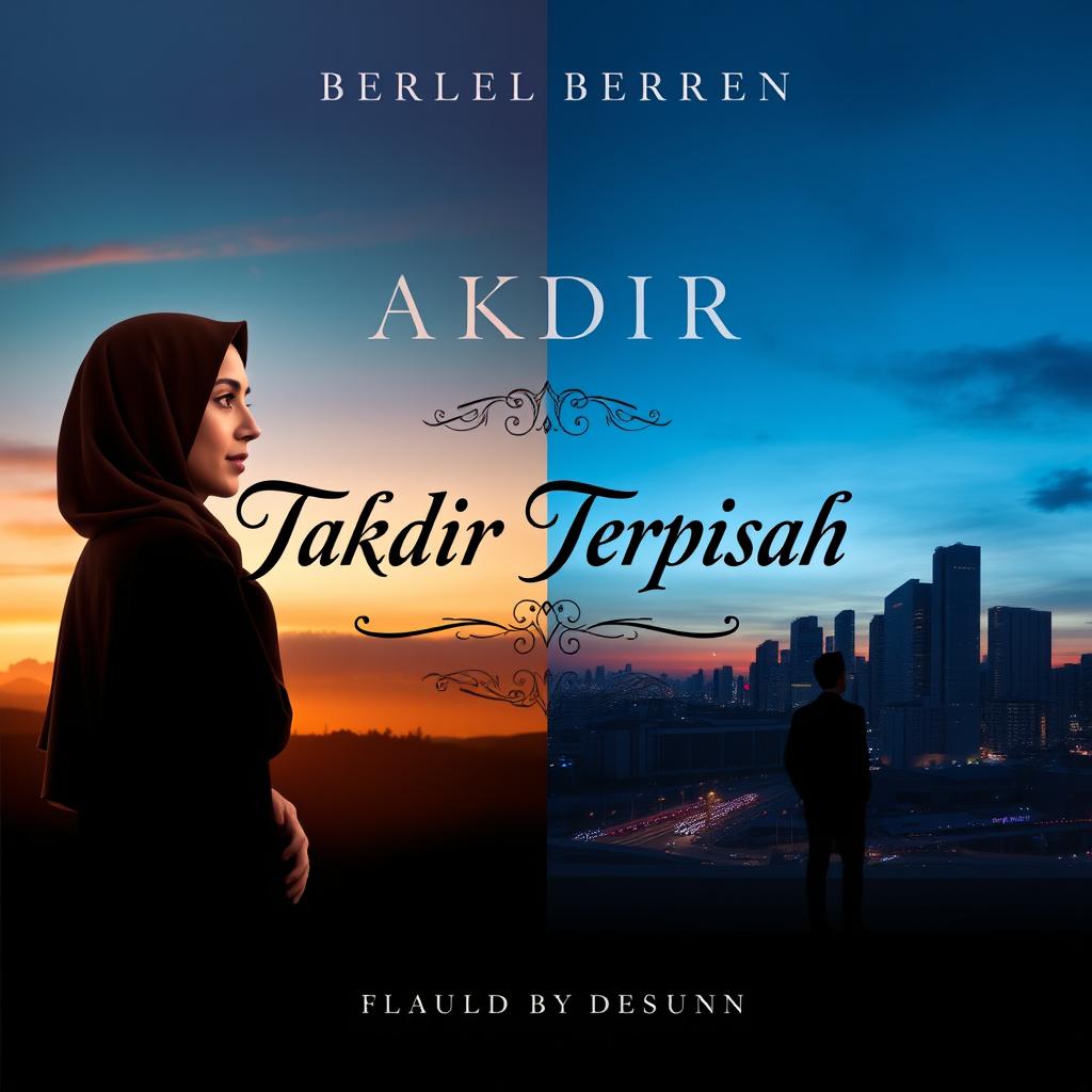 Design for a book cover titled 'Takdir Terpisah' featuring a split background with contrasting elements