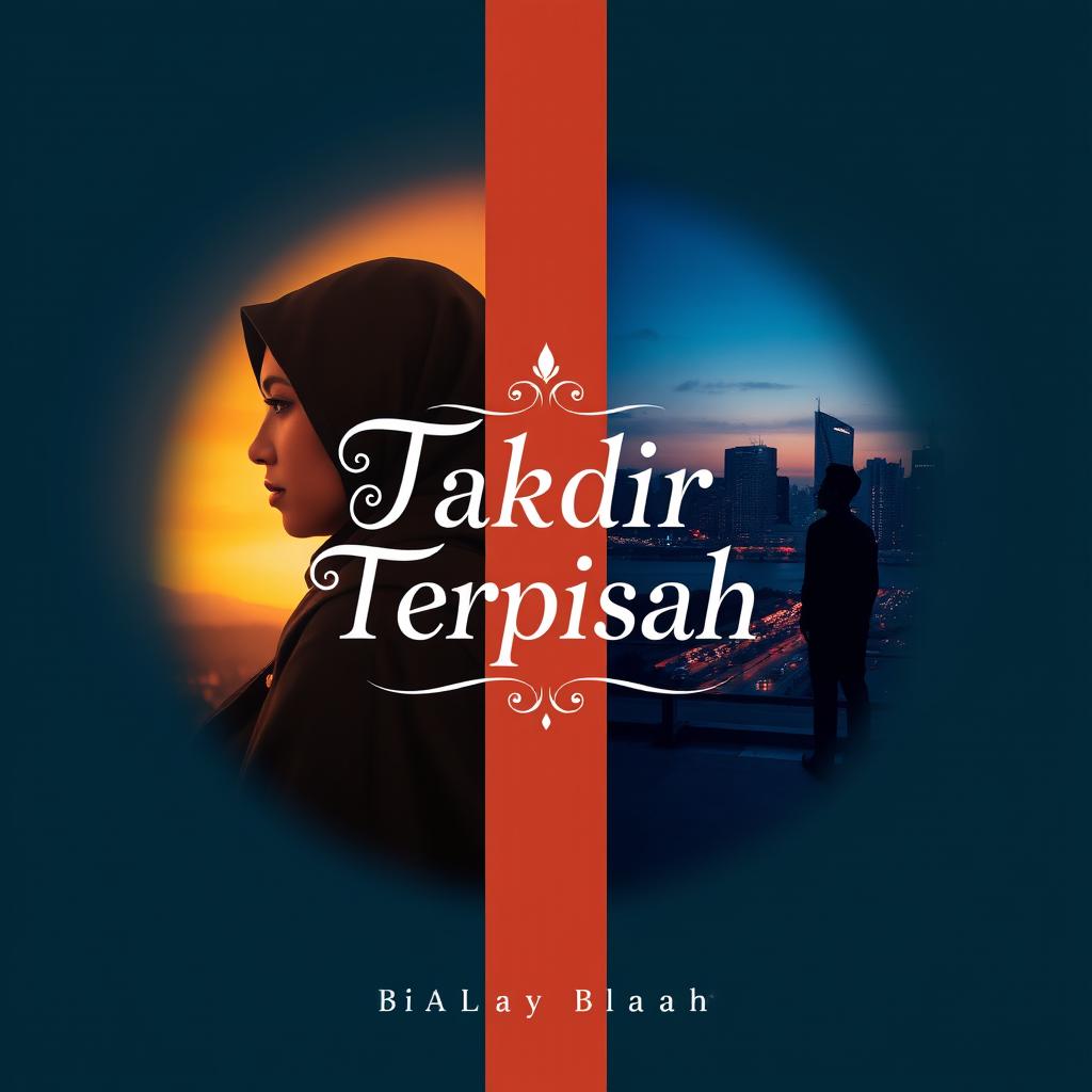 Design for a book cover titled 'Takdir Terpisah' featuring a split background with contrasting elements