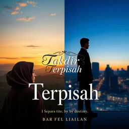 Design for a book cover titled 'Takdir Terpisah' featuring a split background with contrasting elements