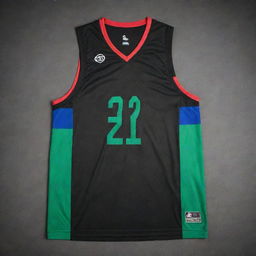 An elegant black basketball jersey with stylish details in green, blue, and red. The design should infuse sporty elegance and athletic flair.