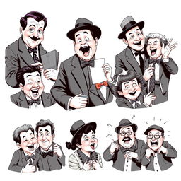 A collection of iconic classic comedy duo and triplet teams, each showcasing their unique personalities and humorous antics