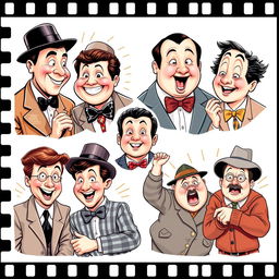 A collection of iconic classic comedy duo and triplet teams, each showcasing their unique personalities and humorous antics