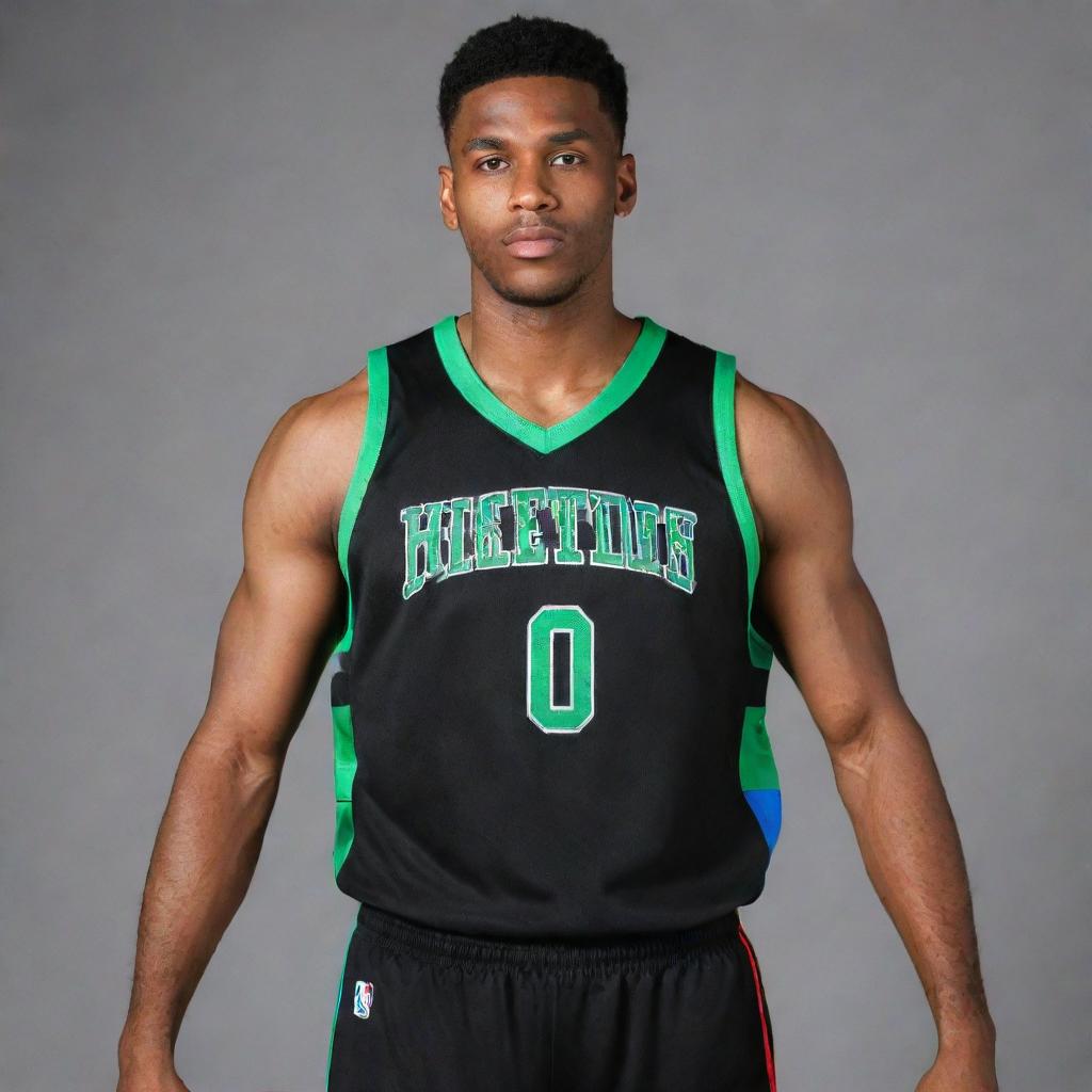 An elegant black basketball jersey with stylish details in green, blue, and red. The design should infuse sporty elegance and athletic flair.