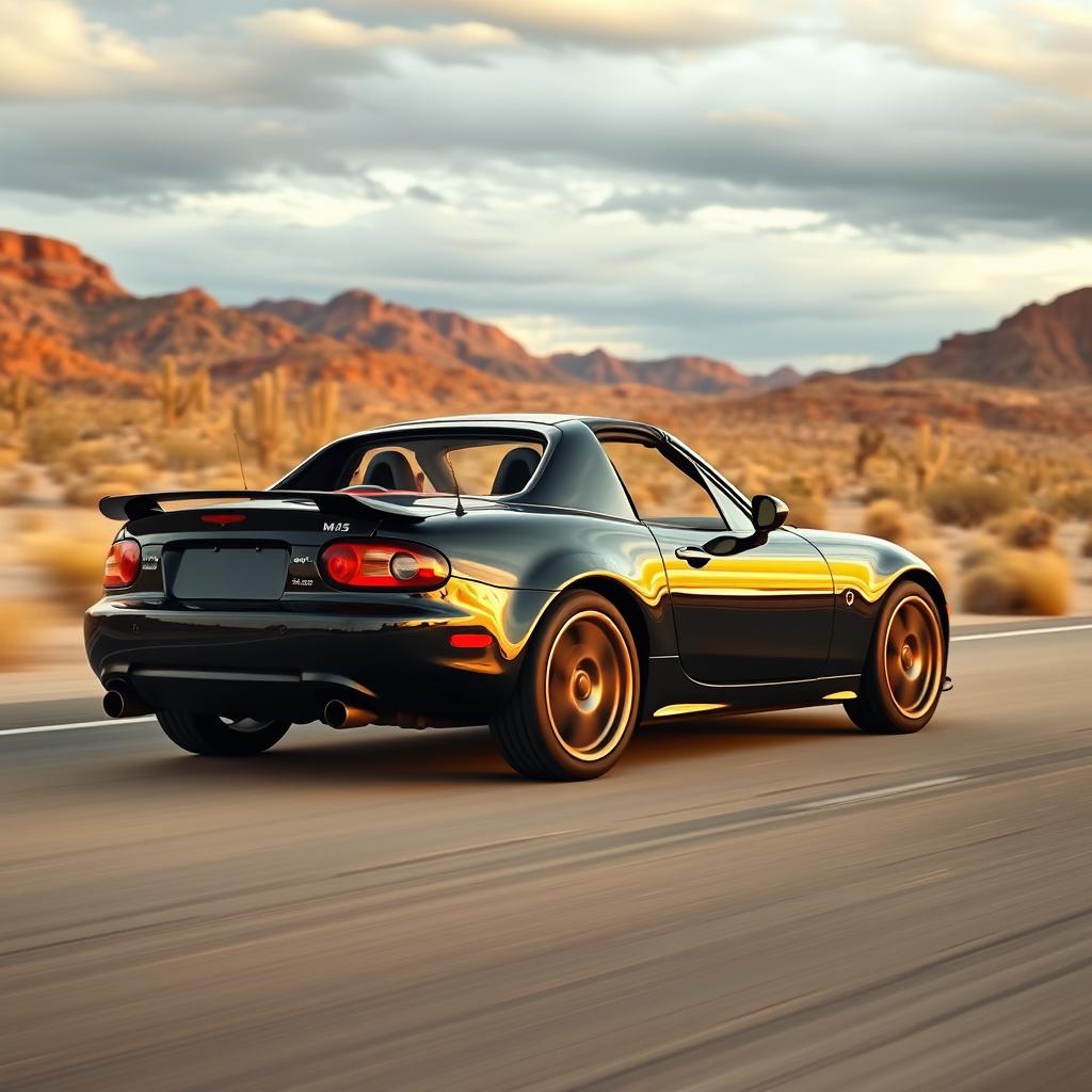 A high-resolution image of a second-generation black Mazda MX-5 NB with a spoiler, driving on a desert highway