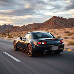 A high-resolution image of a second-generation black Mazda MX-5 NB with a spoiler, driving on a desert highway