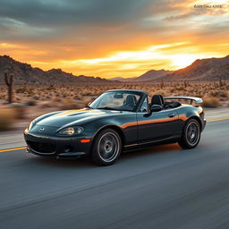 A high-resolution image of a second-generation black Mazda MX-5 NB with a spoiler, driving on a desert highway