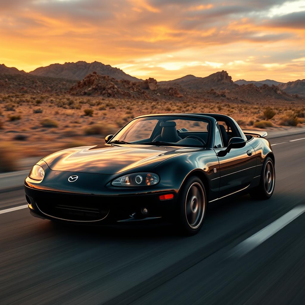 A high-resolution image of a second-generation black Mazda MX-5 NB with a spoiler, driving on a desert highway