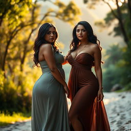 Two voluptuous women standing in a beautiful, natural setting, such as a lush green forest or a serene beach