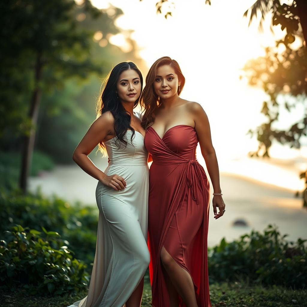 Two voluptuous women standing in a beautiful, natural setting, such as a lush green forest or a serene beach