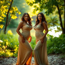 Two voluptuous women standing in a beautiful, natural setting, such as a lush green forest or a serene beach