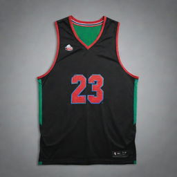 An elegant black basketball jersey with stylish details in green, blue, and red. The design should infuse sporty elegance and athletic flair.