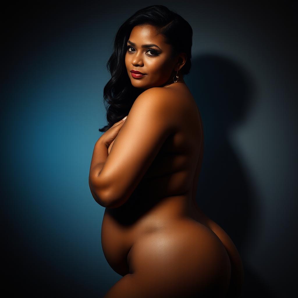 A voluptuous woman, embracing her natural beauty, in an artistic and tasteful nude pose