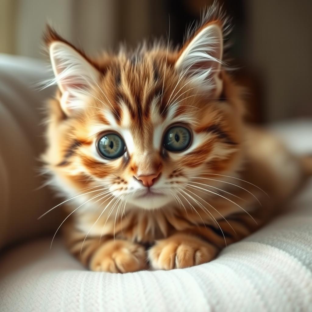 A close-up of a cat with a plush fur coat, showing its adorable face with big, curious eyes