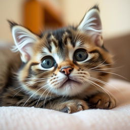 A close-up of a cat with a plush fur coat, showing its adorable face with big, curious eyes