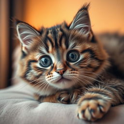 A close-up of a cat with a plush fur coat, showing its adorable face with big, curious eyes