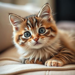 A close-up of a cat with a plush fur coat, showing its adorable face with big, curious eyes