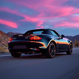 A high-resolution image of a second-generation black Mazda MX-5 NB with a spoiler, driving on a desert highway during sunset