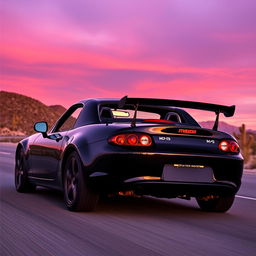 A high-resolution image of a second-generation black Mazda MX-5 NB with a spoiler, driving on a desert highway during sunset