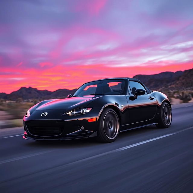 A high-resolution image of a second-generation black Mazda MX-5 NB with a spoiler, driving on a desert highway during sunset