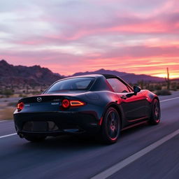 A high-resolution image of a second-generation black Mazda MX-5 NB with a spoiler, driving on a desert highway during sunset