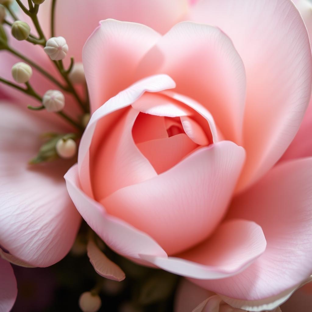 A close-up artistic representation of a delicate floral arrangement, with petals arranged to subtly suggest the form of a flower's opening