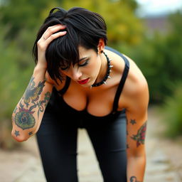 A curvaceous emo woman with a distinctive style, featuring vibrant tattoos adorning her arms and visible collarbone