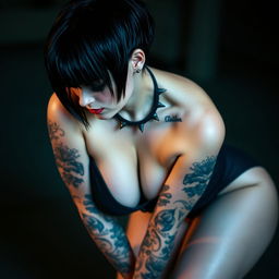 A curvaceous emo woman with a distinctive style, featuring vibrant tattoos adorning her arms and visible collarbone