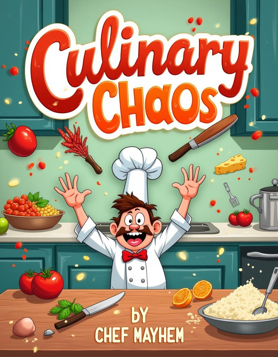 A whimsical and vibrant book cover design for 'Culinary Chaos' by Chef Mayhem, featuring a humorous and chaotic scene of flying ingredients like tomatoes, herbs, cheese, and flour whirling around