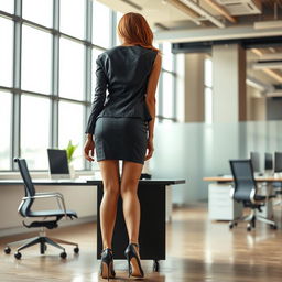 rear angle view of a fashionable woman in high heels and a stylish mini skirt, leaning over a desk in a modern office environment, accentuating her confidence and elegance, contemporary workspace design, natural light through large windows, sophisticated and stylish atmosphere