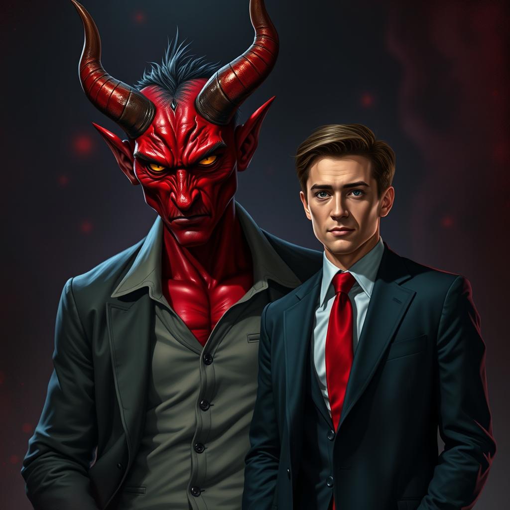 A striking depiction of a powerful devil with horns and red skin standing confidently beside a human dressed in modern attire