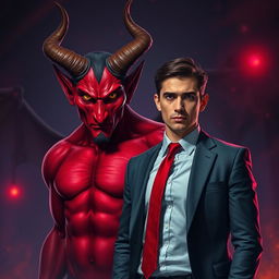 A striking depiction of a powerful devil with horns and red skin standing confidently beside a human dressed in modern attire