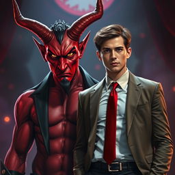 A striking depiction of a powerful devil with horns and red skin standing confidently beside a human dressed in modern attire