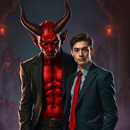 A striking depiction of a powerful devil with horns and red skin standing confidently beside a human dressed in modern attire