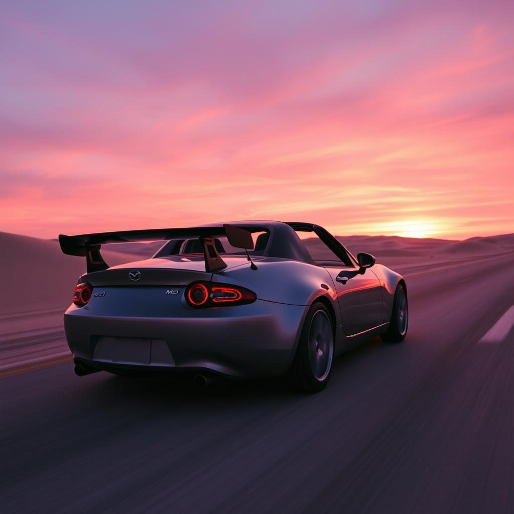 A sleek Mazda MX5 NB with a black spoiler driving along a desert highway under a purple sunset sky