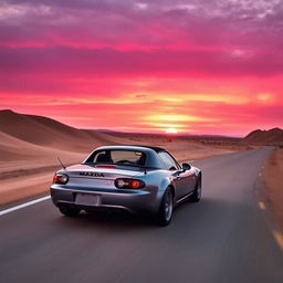 A sleek Mazda MX5 NB with a black spoiler driving along a desert highway under a purple sunset sky