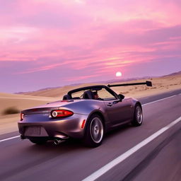 A sleek Mazda MX5 NB with a black spoiler driving along a desert highway under a purple sunset sky