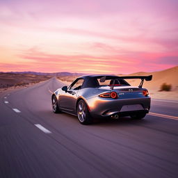 A sleek Mazda MX5 NB with a black spoiler driving along a desert highway under a purple sunset sky