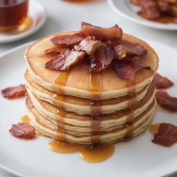 A fluffy pancake with crispy bacon pieces embedded inside, served on a white plate with maple syrup drizzled on top.