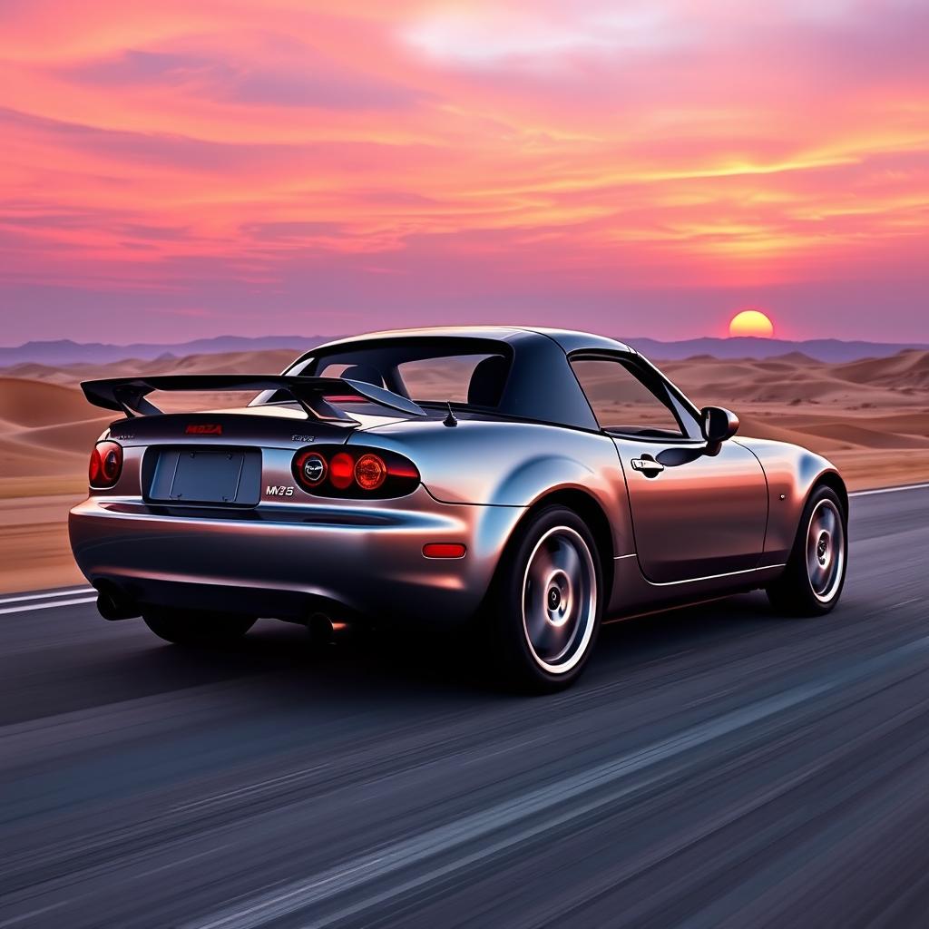 A realistic second-generation Mazda MX5 NB with a black spoiler driving along a desert highway under a purple sunset sky