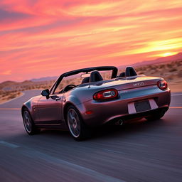 A realistic second-generation Mazda MX5 NB with a black spoiler driving along a desert highway under a purple sunset sky