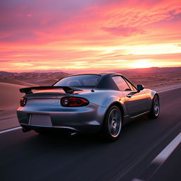 A realistic second-generation Mazda MX5 NB with a black spoiler driving along a desert highway under a purple sunset sky