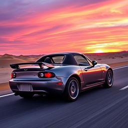 A realistic second-generation Mazda MX5 NB with a black spoiler driving along a desert highway under a purple sunset sky