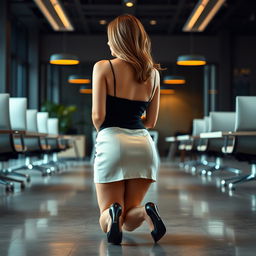 rear view of an elegant woman in high heels and a fashionable mini skirt, kneeling gracefully in a modern office setting, showcasing a confident and poised demeanor, surrounded by sleek office furniture, ambient lighting highlighting her silhouette, sophisticated and stylish atmosphere