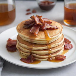 A fluffy pancake with crispy bacon pieces embedded inside, served on a white plate with maple syrup drizzled on top.