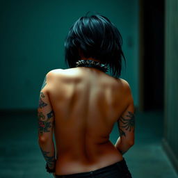 A curvaceous emo woman with an expressive style, featuring vibrant tattoos covering her arms