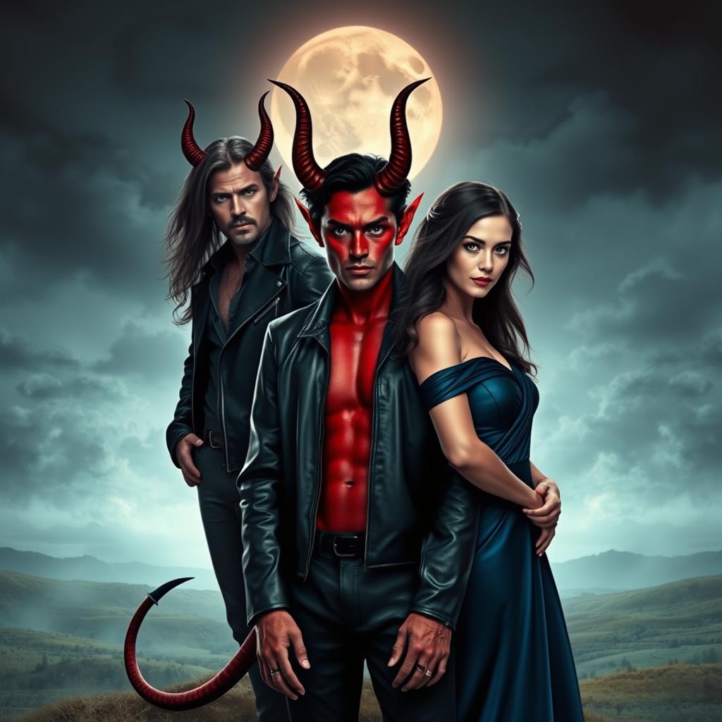 A captivating scene featuring a devilish character with red skin and curved horns alongside a human male and a female adult in a surreal setting