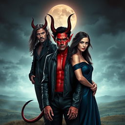 A captivating scene featuring a devilish character with red skin and curved horns alongside a human male and a female adult in a surreal setting