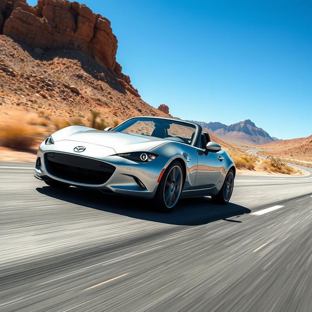 A hyper-realistic, ultra high-resolution image of a Mazda MX-5 NB driving on a desert highway