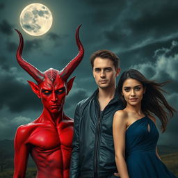 A captivating scene featuring a devilish character with red skin and curved horns alongside a human male and a female adult in a surreal setting