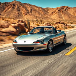 A hyper-realistic, ultra high-resolution image of a Mazda MX-5 NB driving on a desert highway